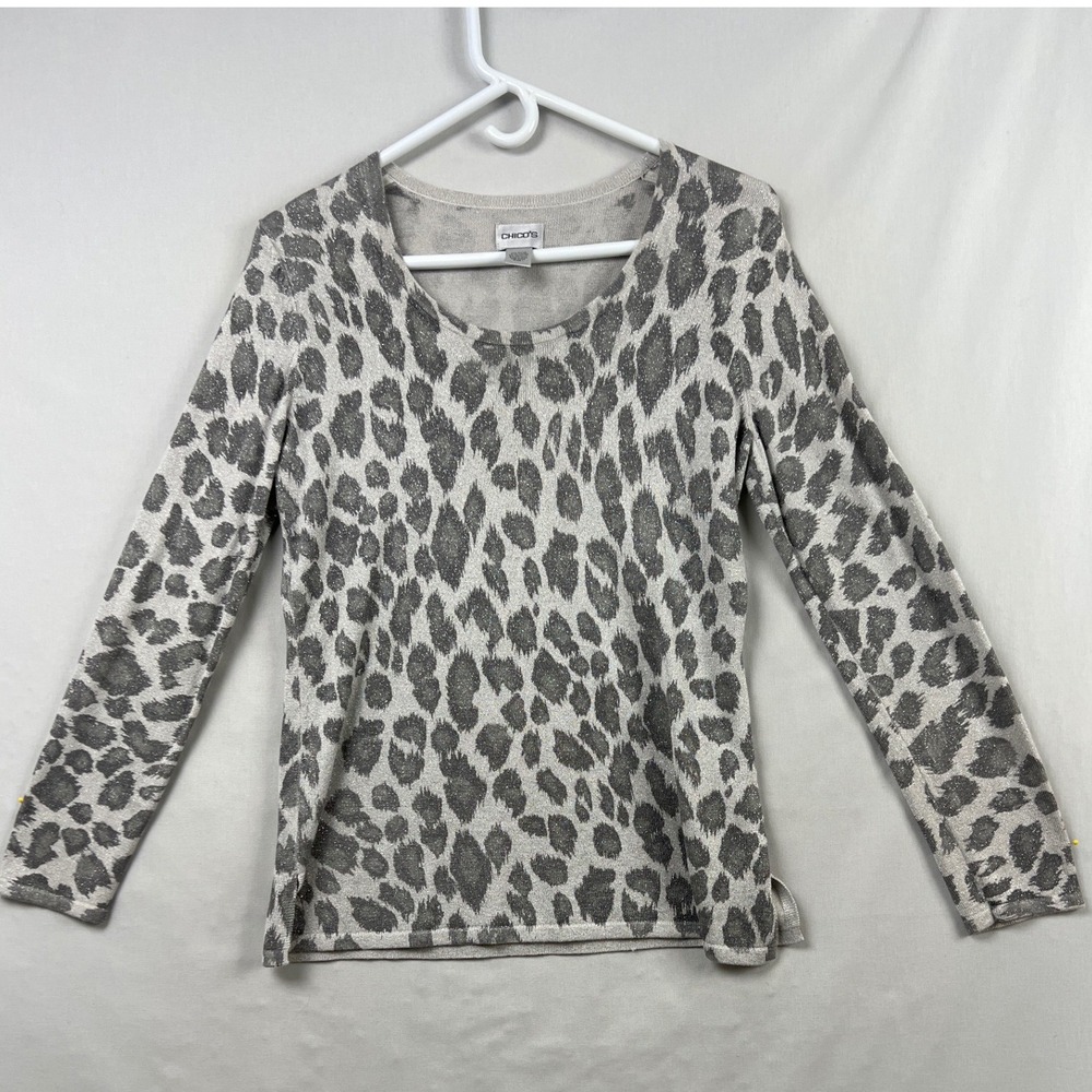 Chico's 1 Leopard Print Knit Top Women M Grey Metallic Long Sleeve Scoop Neck